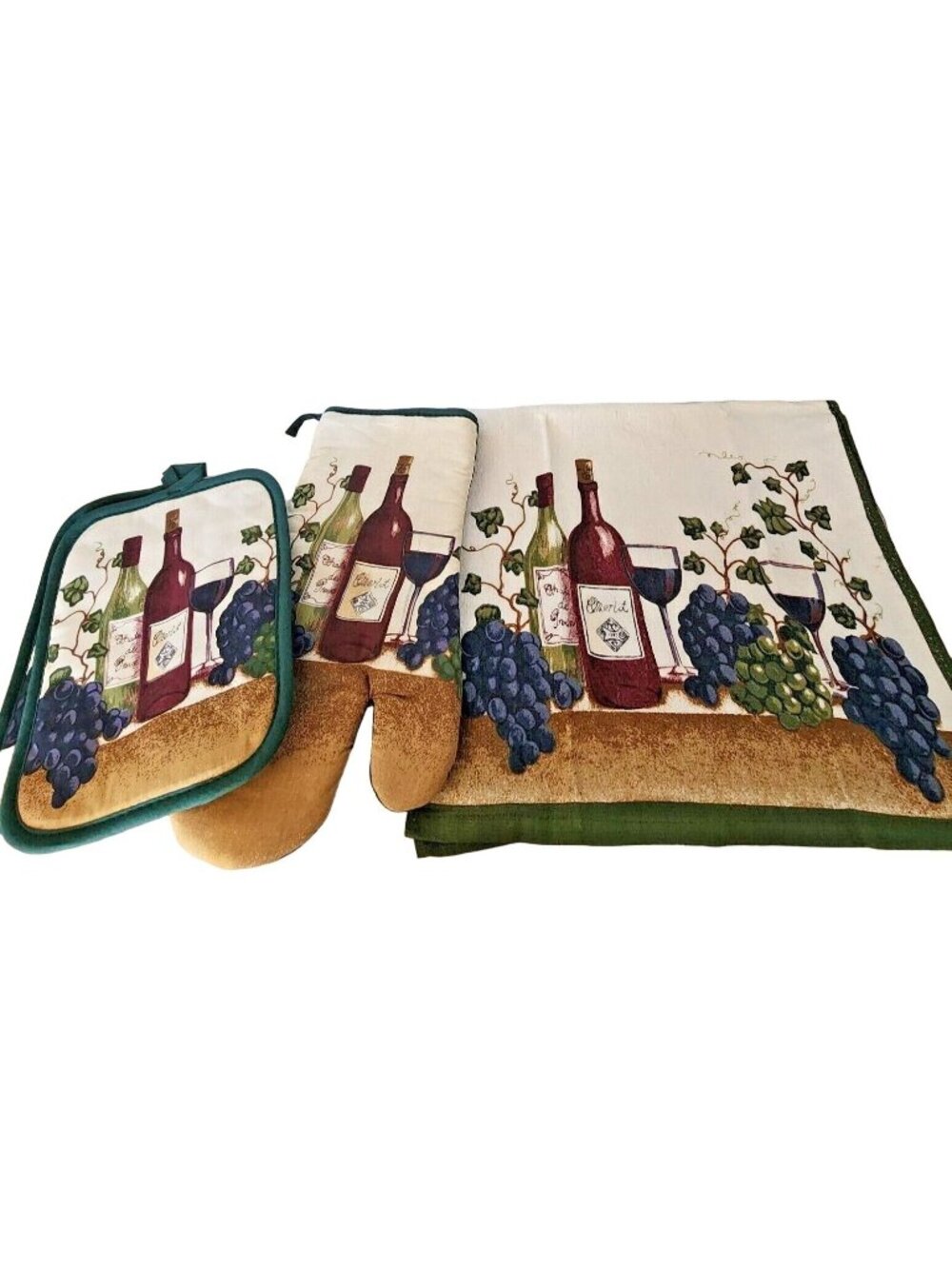 Kitchen Towel 5 Piece Set hOme Wine Bottles Glasses Grapes Green Wine  2 Towels,